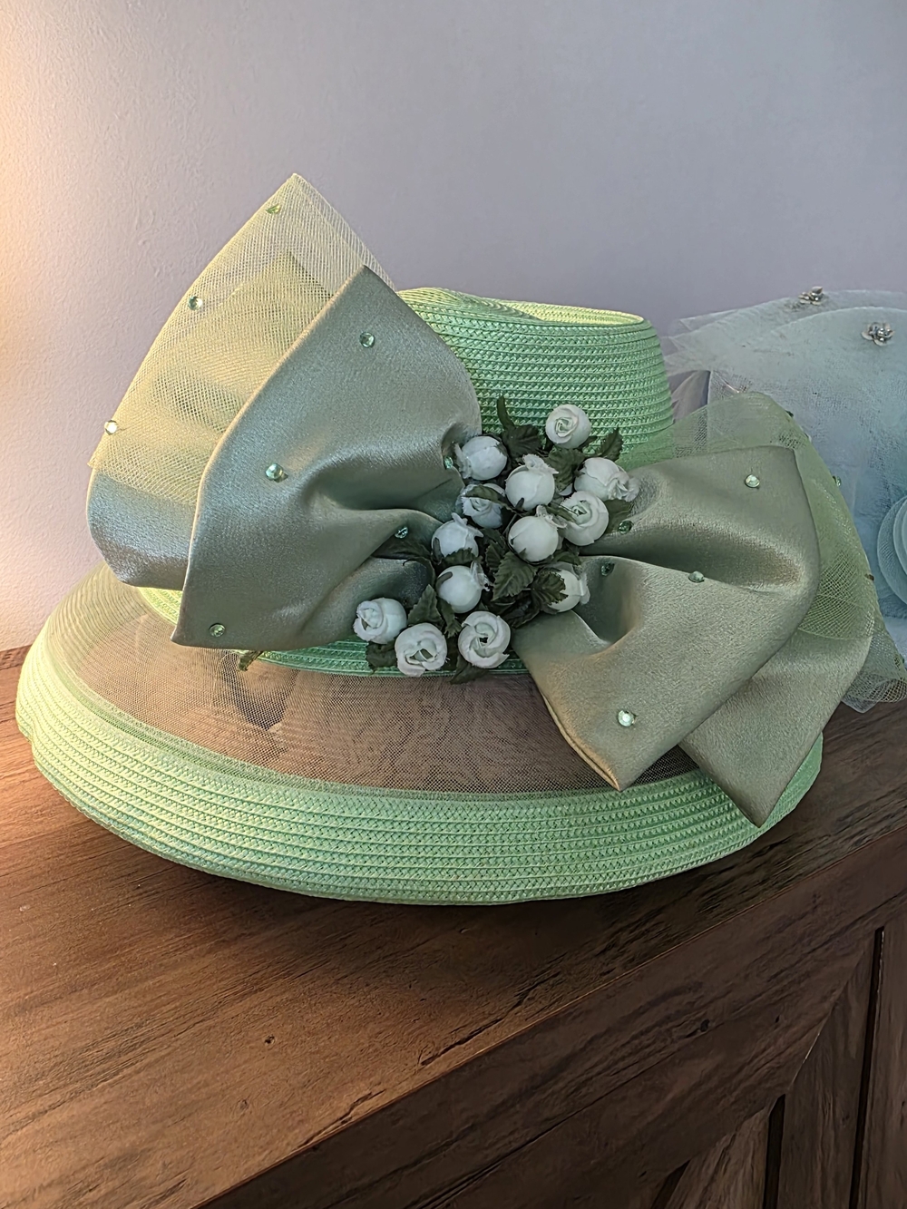 Elegant Mint Green Women's Decorative Hat with Bow and Floral Accent